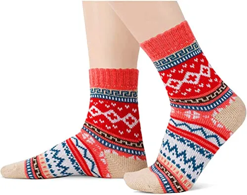5 Pairs Women Wool Socks, Warm Cabin Nordic Socks, Vintage Socks, Thick Knit Cozy Socks Winter Socks for Women Gifts
