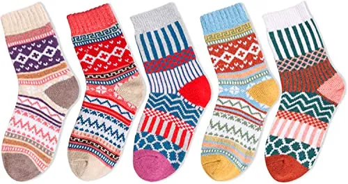 5 Pairs Women Wool Socks, Warm Cabin Nordic Socks, Vintage Socks, Thick Knit Cozy Socks Winter Socks for Women Gifts