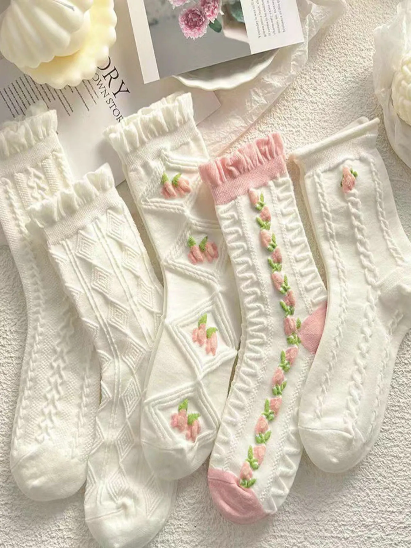 5pairs Floral Pattern Crew Socks for Women Cute Socks Novelty Socks Fun Socks