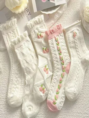 5pairs Floral Pattern Crew Socks for Women Cute Socks Novelty Socks Fun Socks