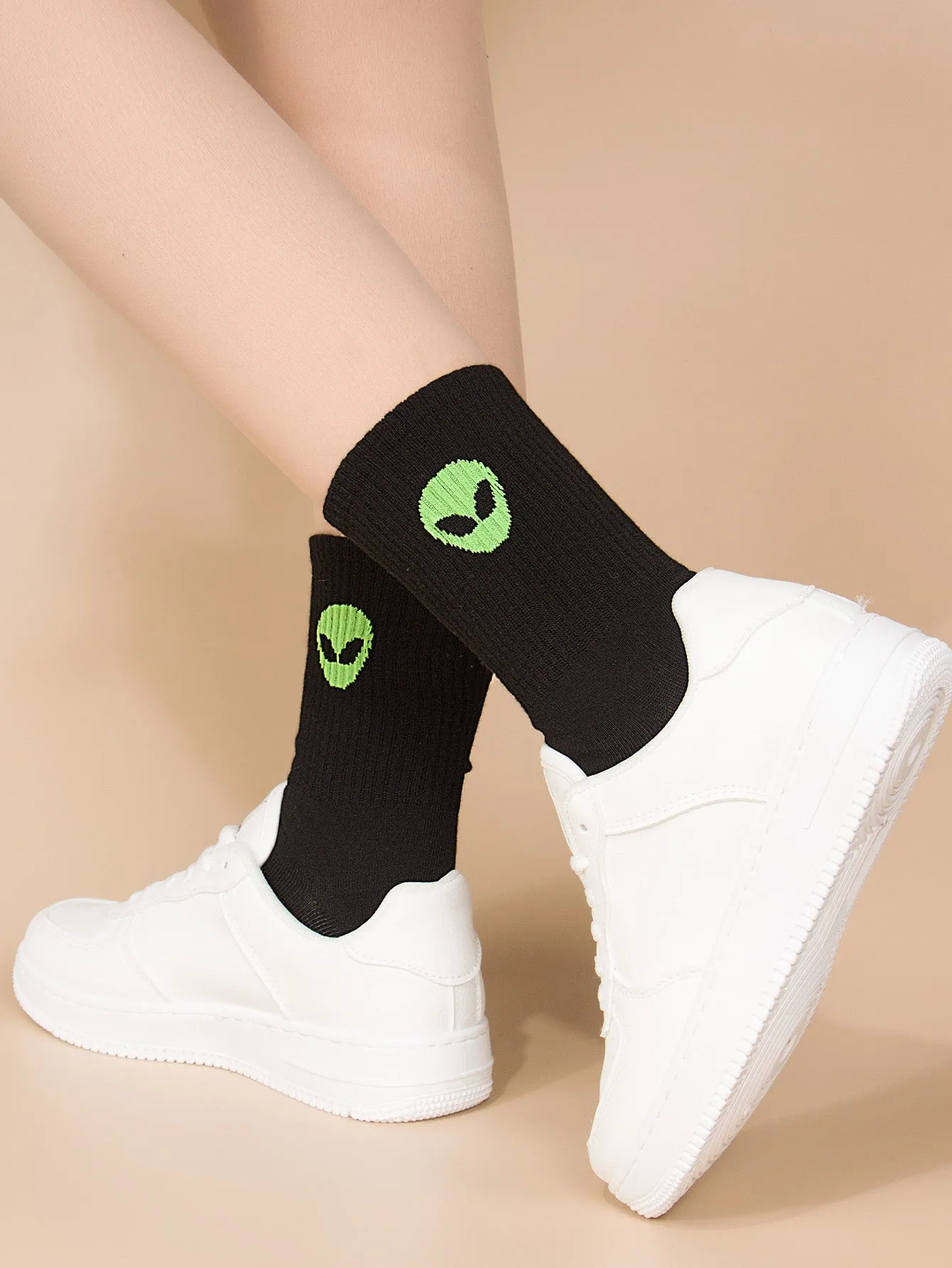 Alien Print Black Socks Crew Socks for Women Novelty Socks Funky Socks Gift for