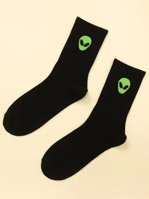 Alien Print Black Socks Crew Socks for Women Novelty Socks Funky Socks Gift for