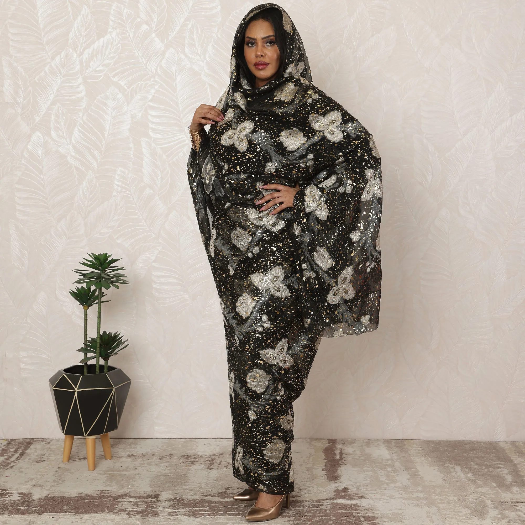 Black and Gold Sudanese Thobe Fabric in Premium Silk Chiffon (Fransawi) with Metallic Lurex and Foil, 4.5 Meters, 110 cm Width-D20370