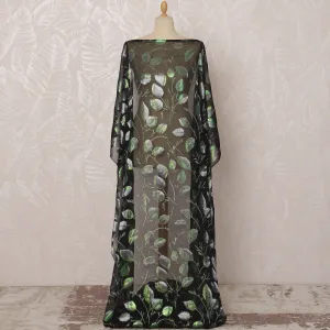Black Somali Silk Chiffon Dirac Fabric with Silver and Green Leaf Metallic Lurex Design, 3.5 Meters, 140 cm Width - Made in South Korea-D20836