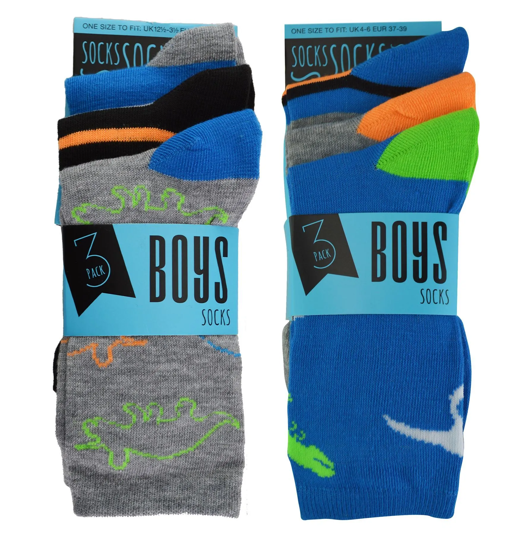 Boys 6 Pack Design Socks (9-12 UK / Dinosaur)