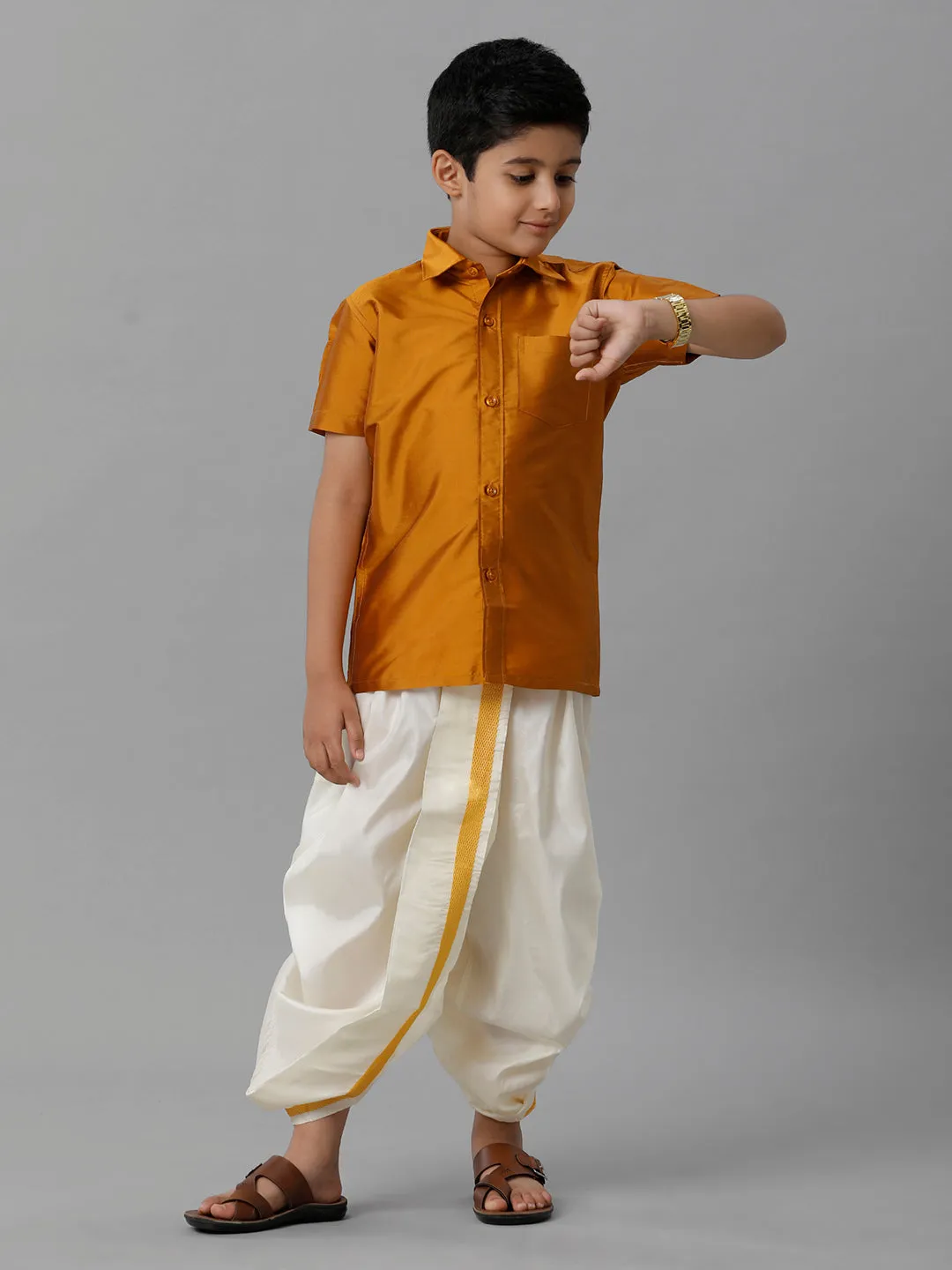 Boys Mustard Half Sleeves Shirt with Cream Panchakacham Set K37