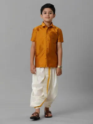 Boys Mustard Half Sleeves Shirt with Cream Panchakacham Set K37