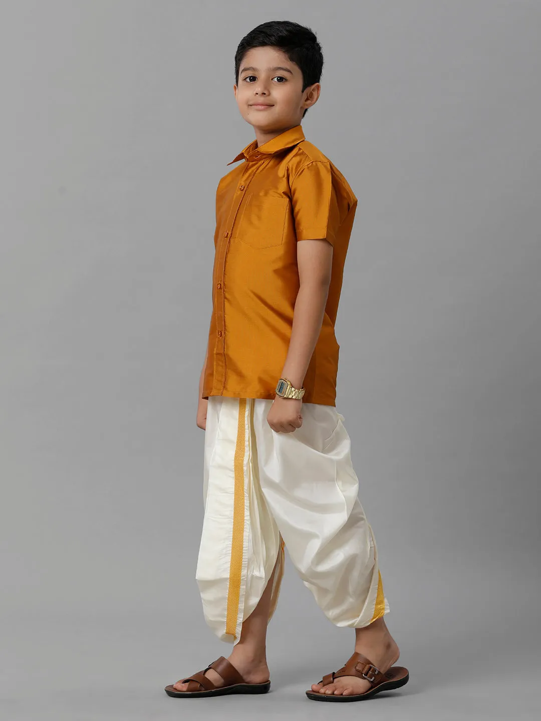 Boys Mustard Half Sleeves Shirt with Cream Panchakacham Set K37
