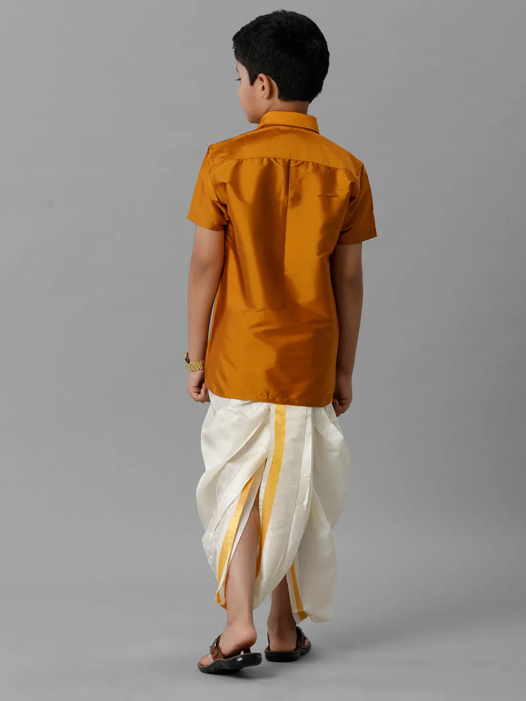 Boys Mustard Half Sleeves Shirt with Cream Panchakacham Set K37