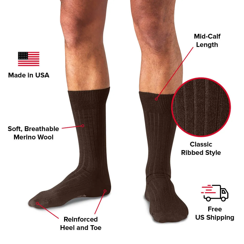 Brown Merino Wool Mid Calf Dress Socks