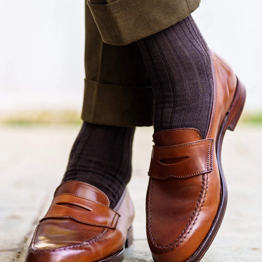 Brown Merino Wool Mid Calf Dress Socks