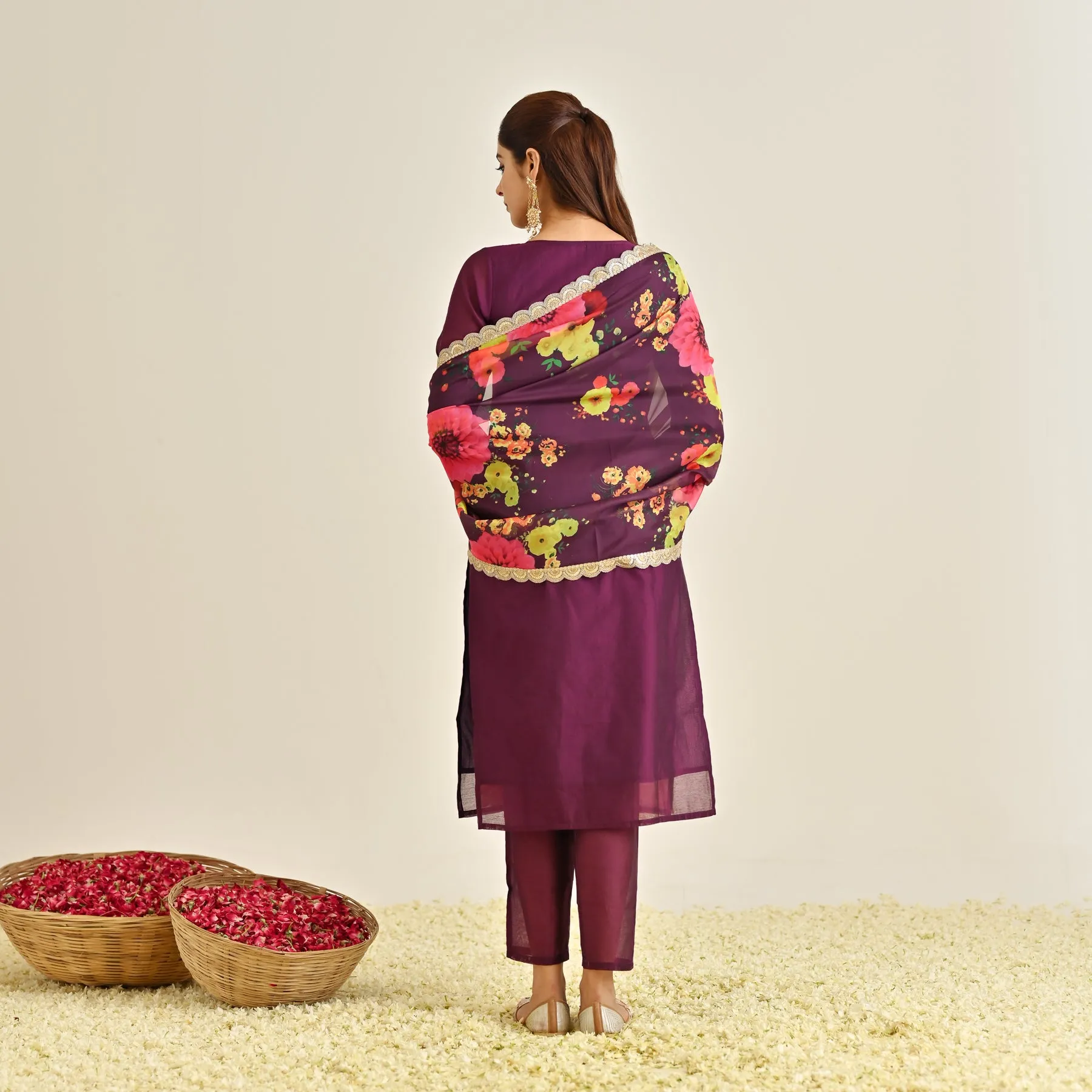 Burgundy Festive Embroidered Kurta Set with Printed Dupatta & Round Yoke Detail