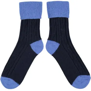 Cashmere Mix Slouch Socks - Navy with Bright Blue (Medium   Large size)