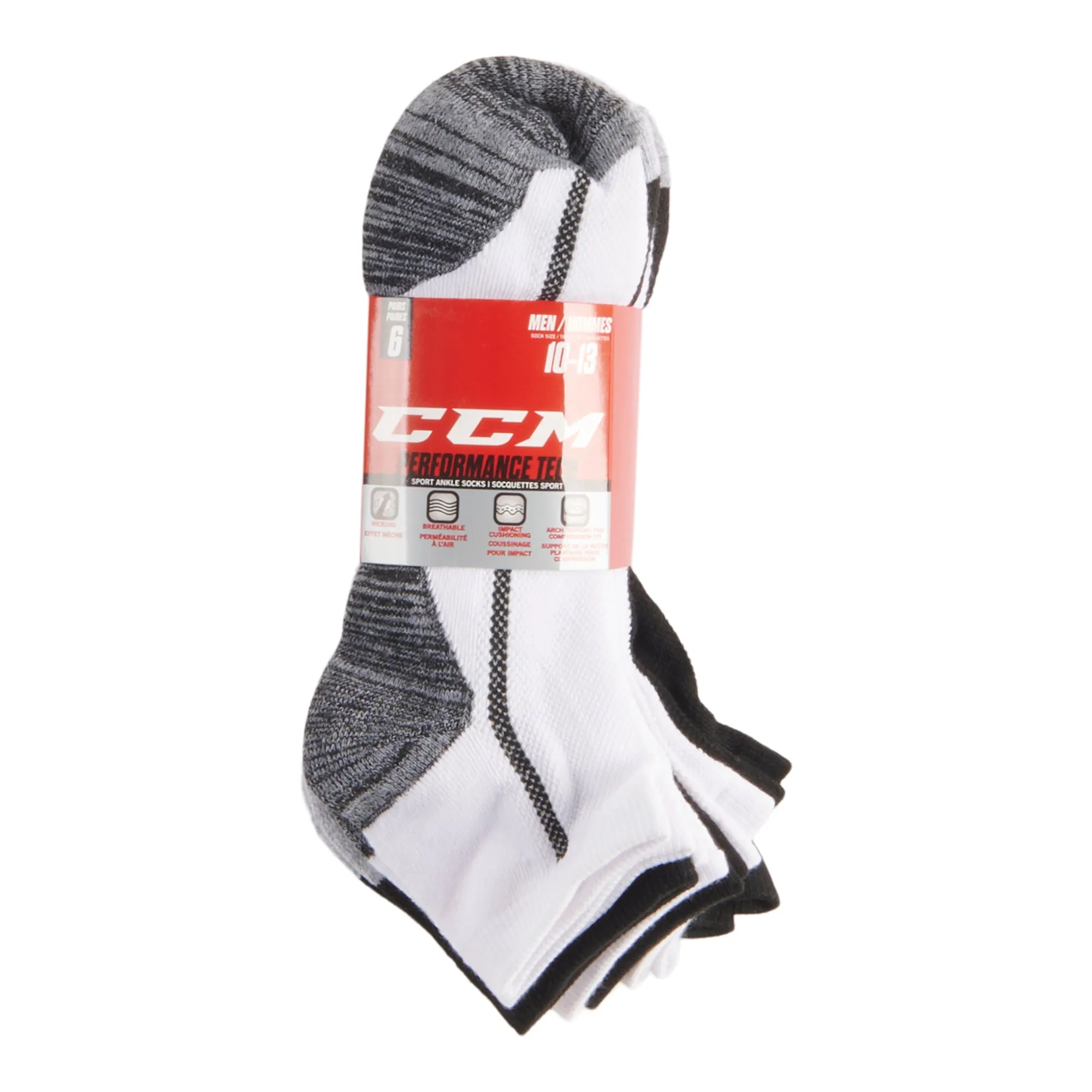 CCM Men's Tech Sport Ankle Socks, 10 to 13, 6-Pack