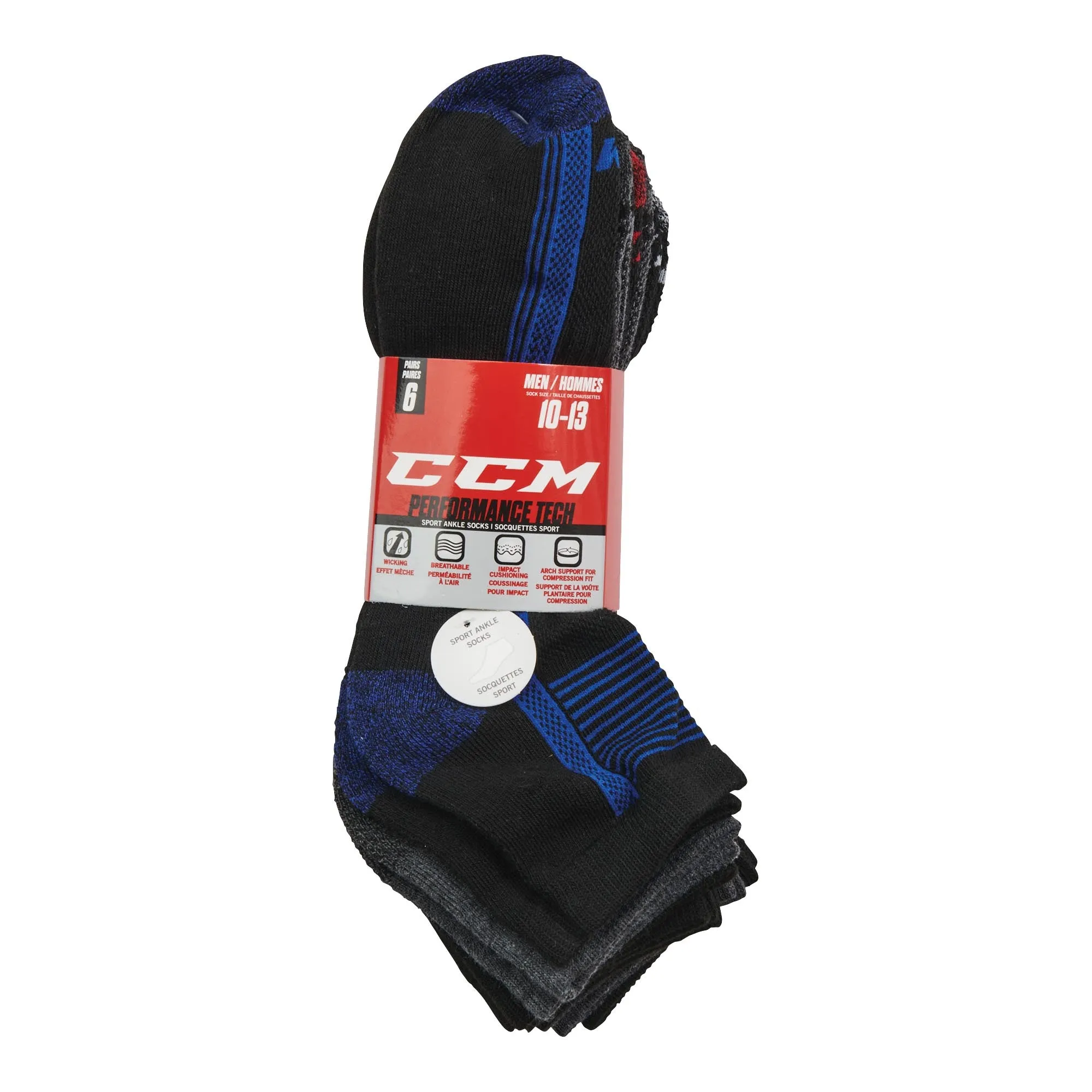 CCM Men's Tech Sport Ankle Socks, 10 to 13, 6-Pack