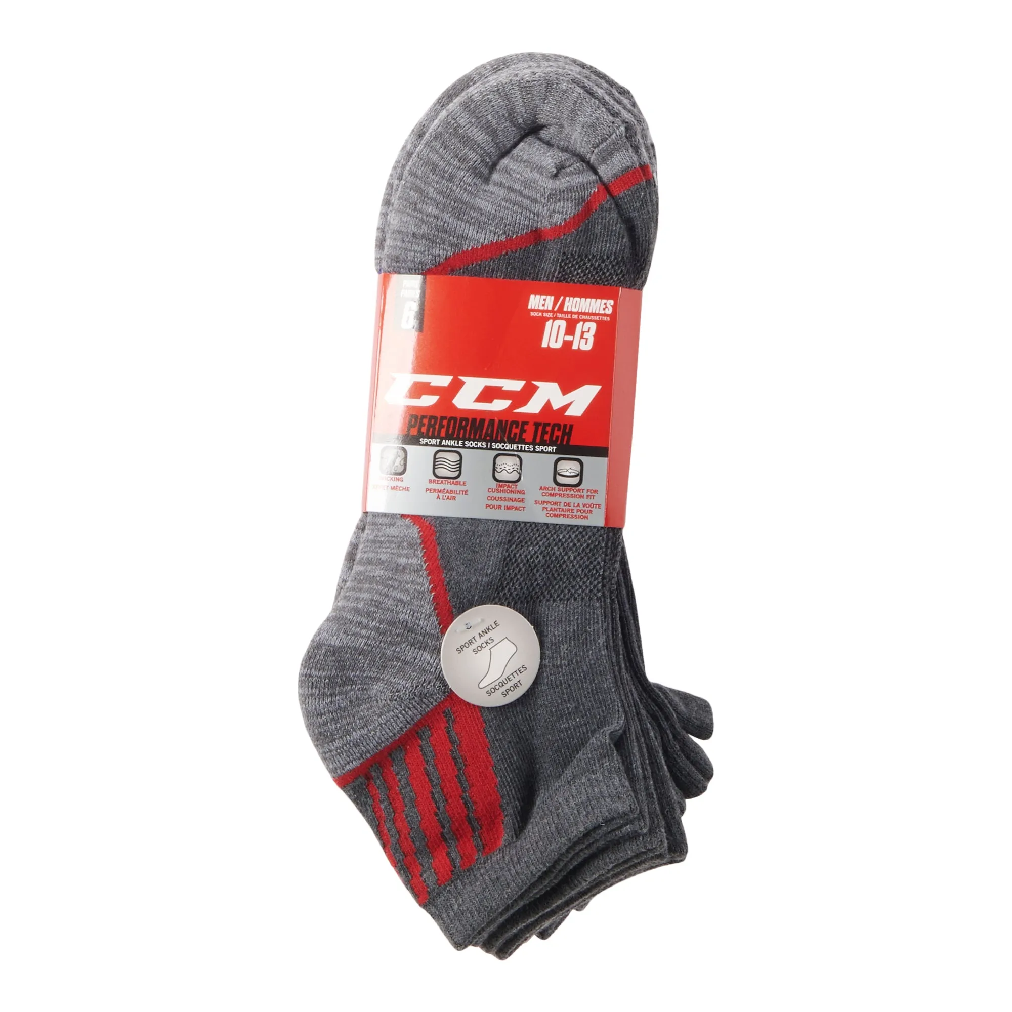 CCM Men's Tech Sport Ankle Socks, 10 to 13, 6-Pack