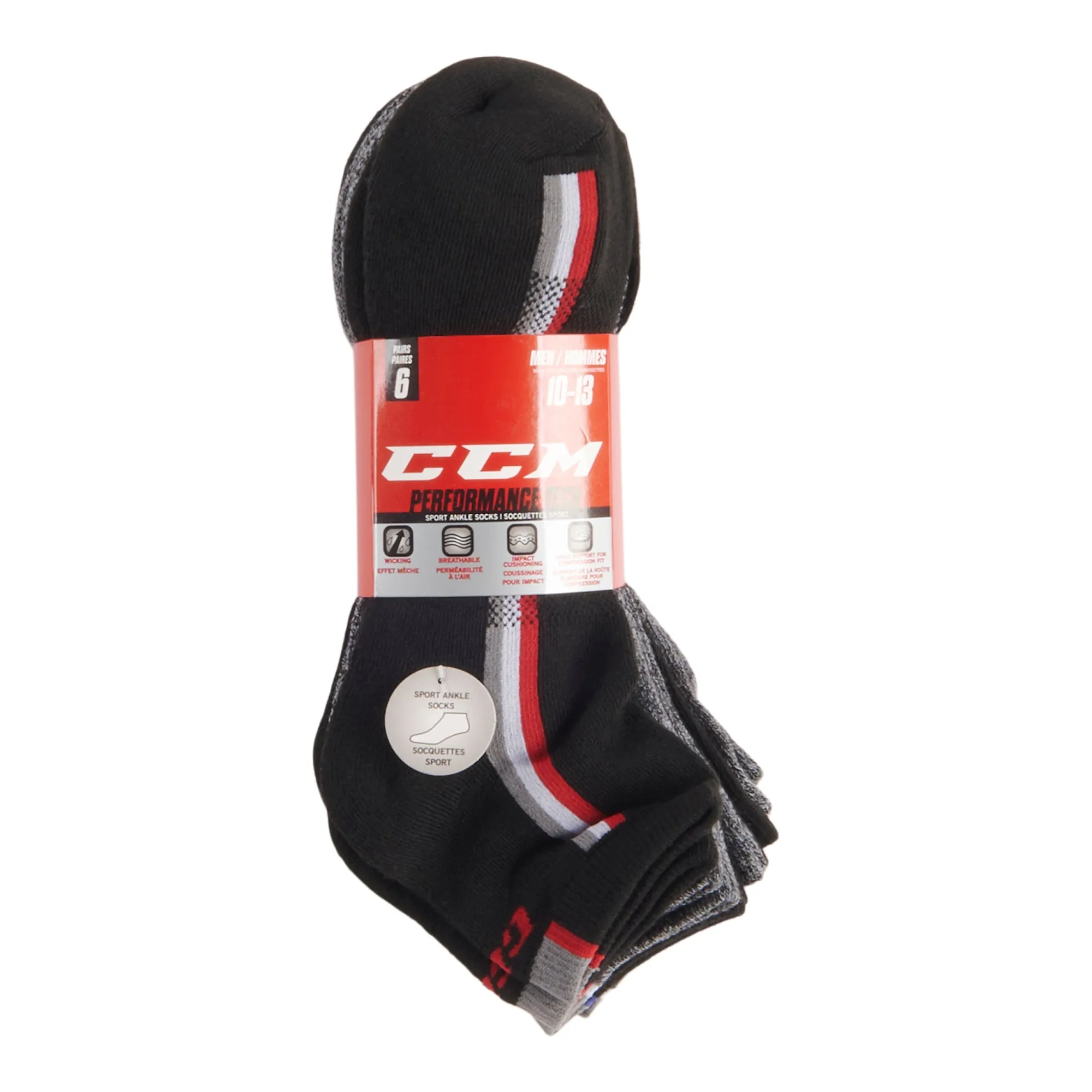 CCM Men's Tech Sport Ankle Socks, 10 to 13, 6-Pack