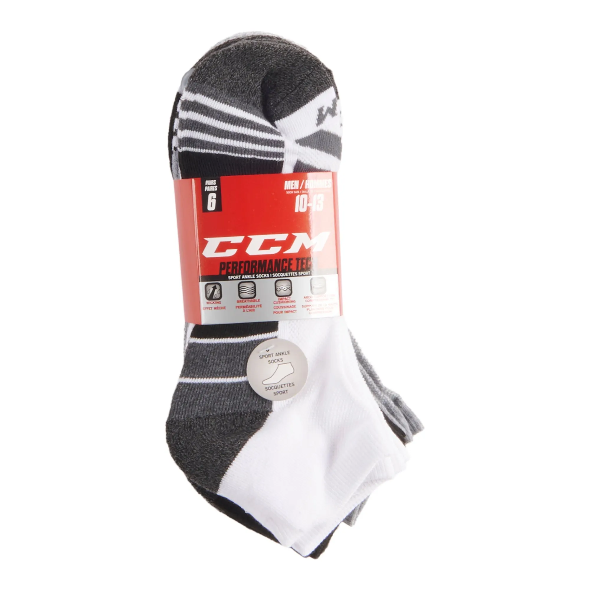 CCM Men's Tech Sport Ankle Socks, 10 to 13, 6-Pack