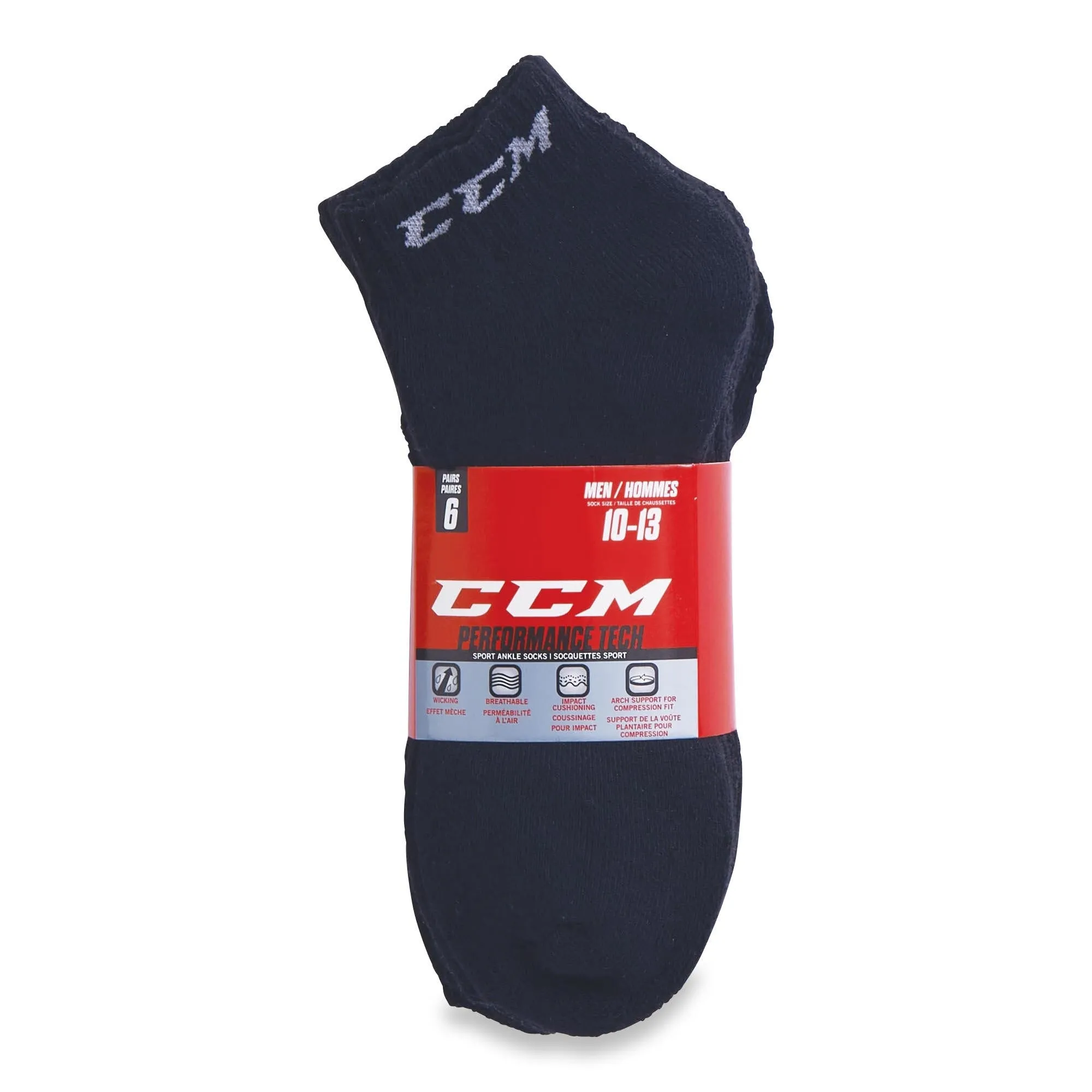 CCM Men's Tech Sport Ankle Socks with Arch Support, 10 to 13, Black, 6-Pack