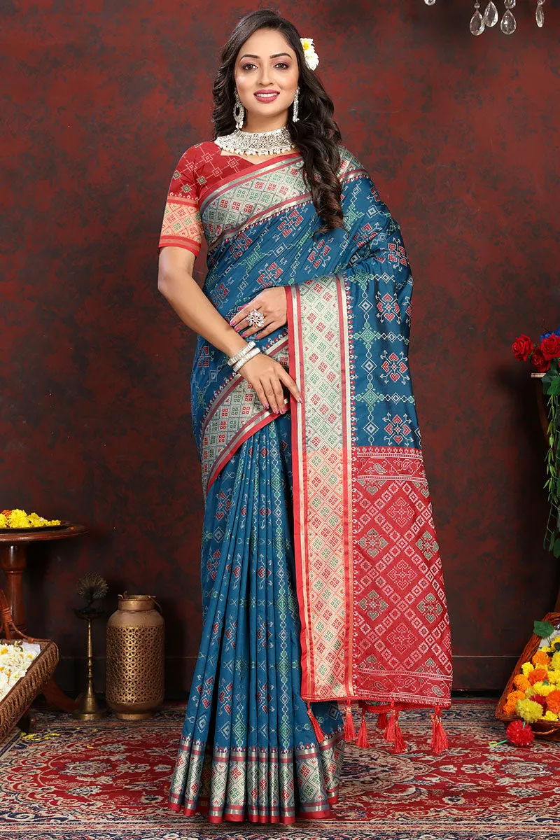 Comely Teal Blue Soft Banarasi Silk Saree With Efflorescence Blouse Piece