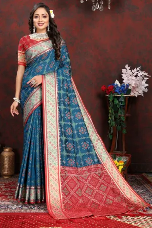 Comely Teal Blue Soft Banarasi Silk Saree With Efflorescence Blouse Piece