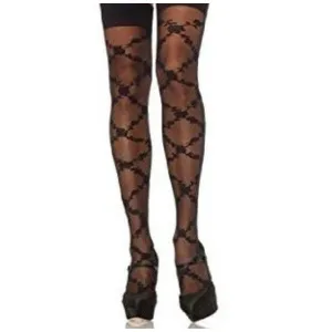 Floral Diamond Thigh Highs Black - Leg Avenue
