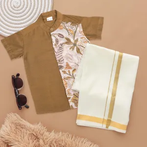 Golden Glow Boys Ethnic Silk Shirt & Dhoti with Floral Embroidery Panel