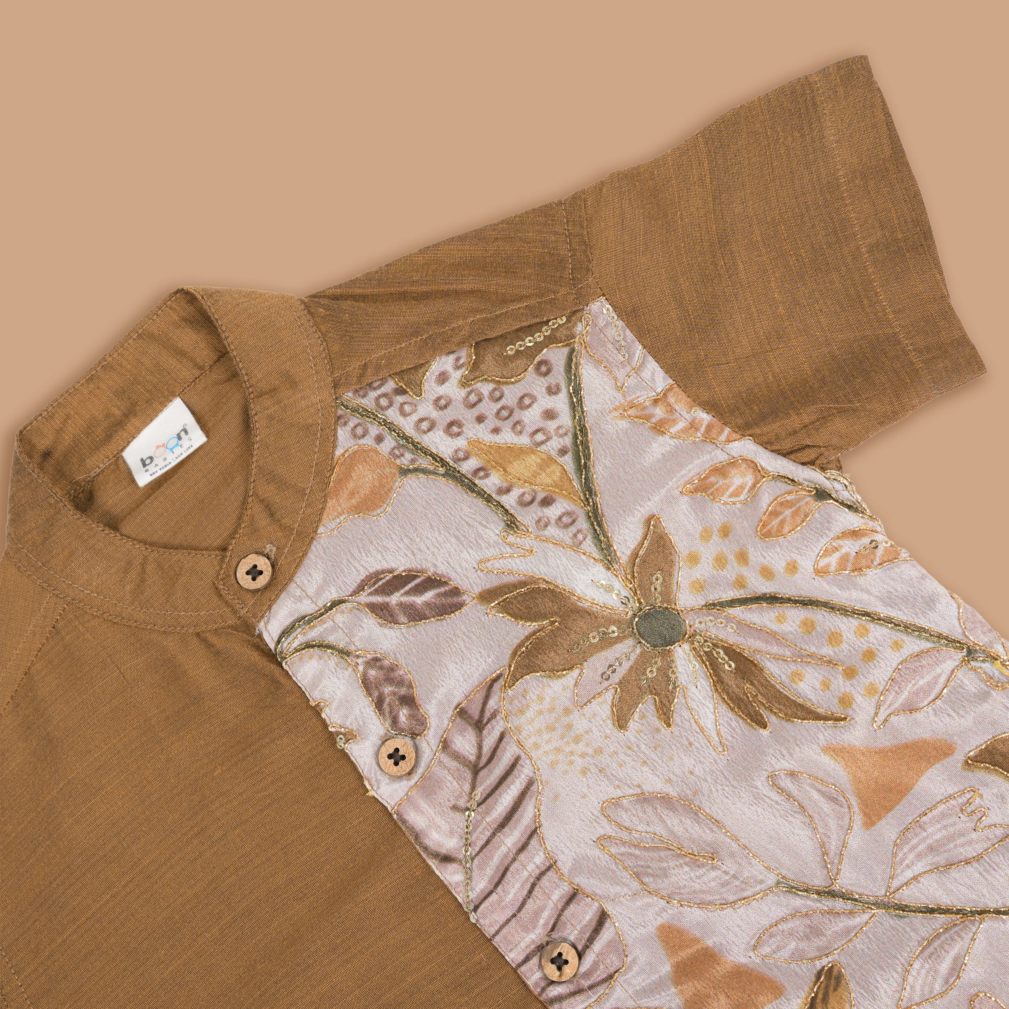 Golden Glow Boys Ethnic Silk Shirt & Dhoti with Floral Embroidery Panel