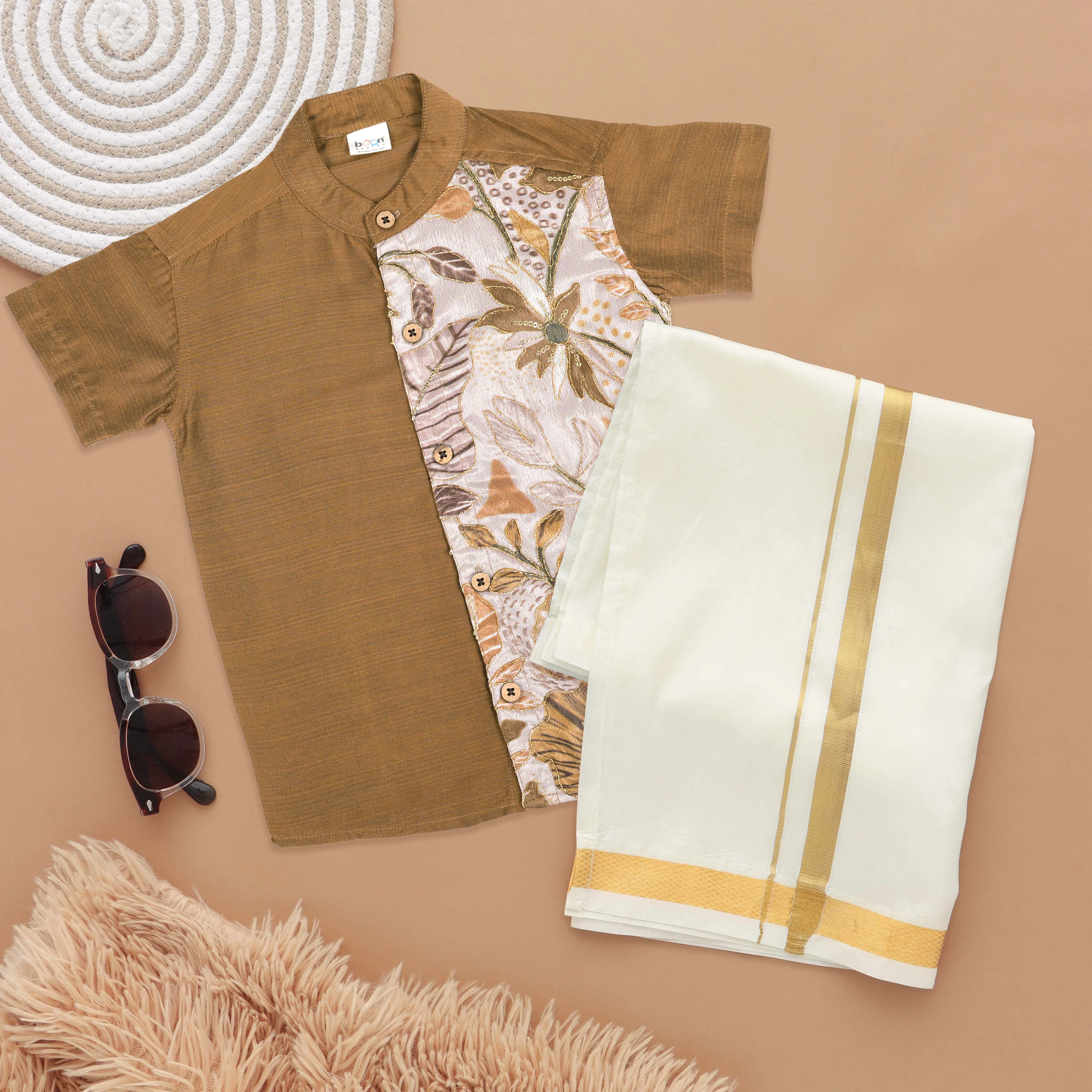 Golden Glow Boys Ethnic Silk Shirt & Dhoti with Floral Embroidery Panel
