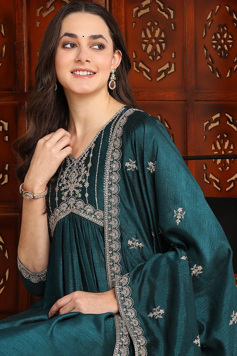 Green Silk Blend Embroidered Flared 3-Piece Kurta Set