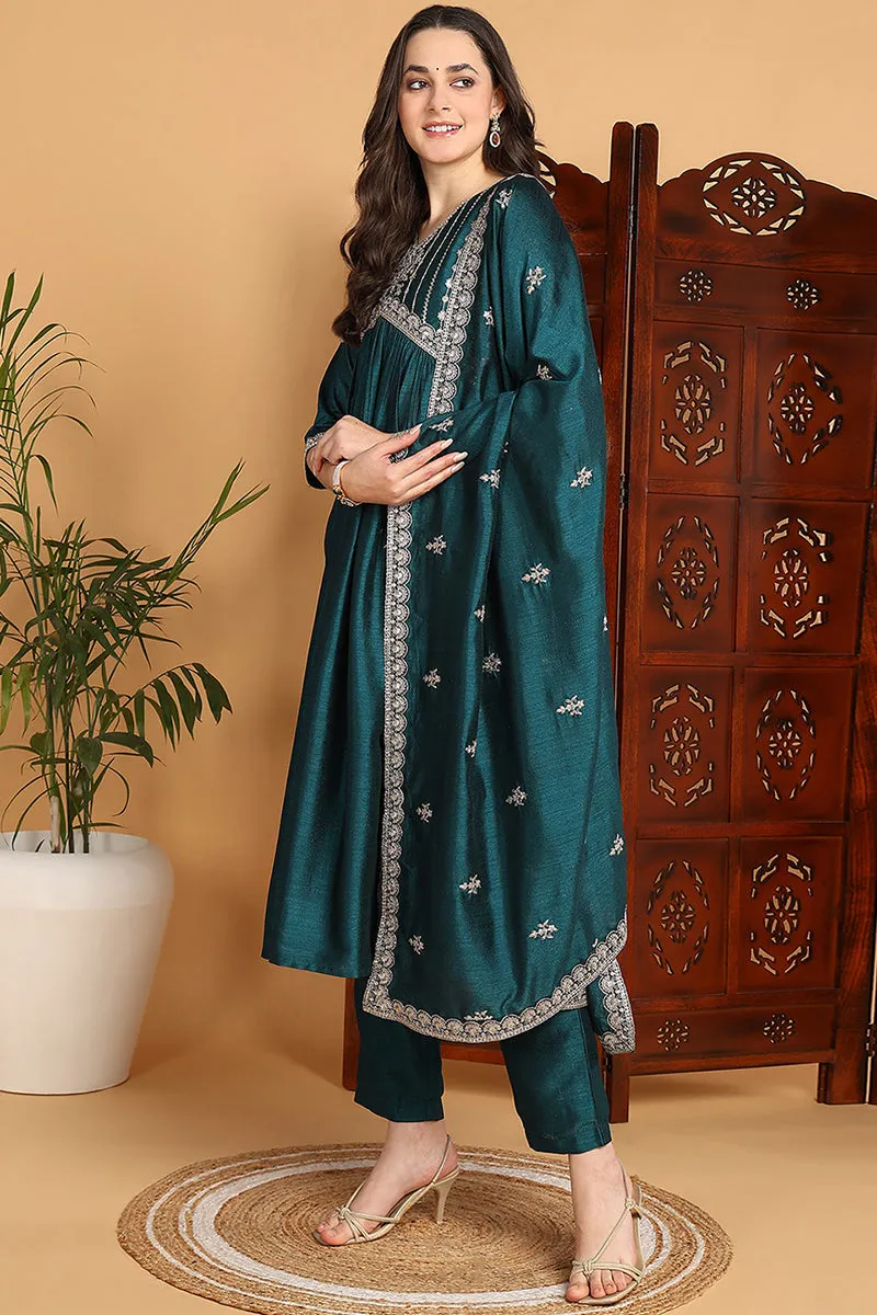 Green Silk Blend Embroidered Flared 3-Piece Kurta Set