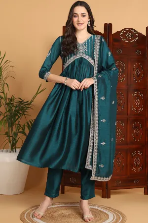 Green Silk Blend Embroidered Flared 3-Piece Kurta Set
