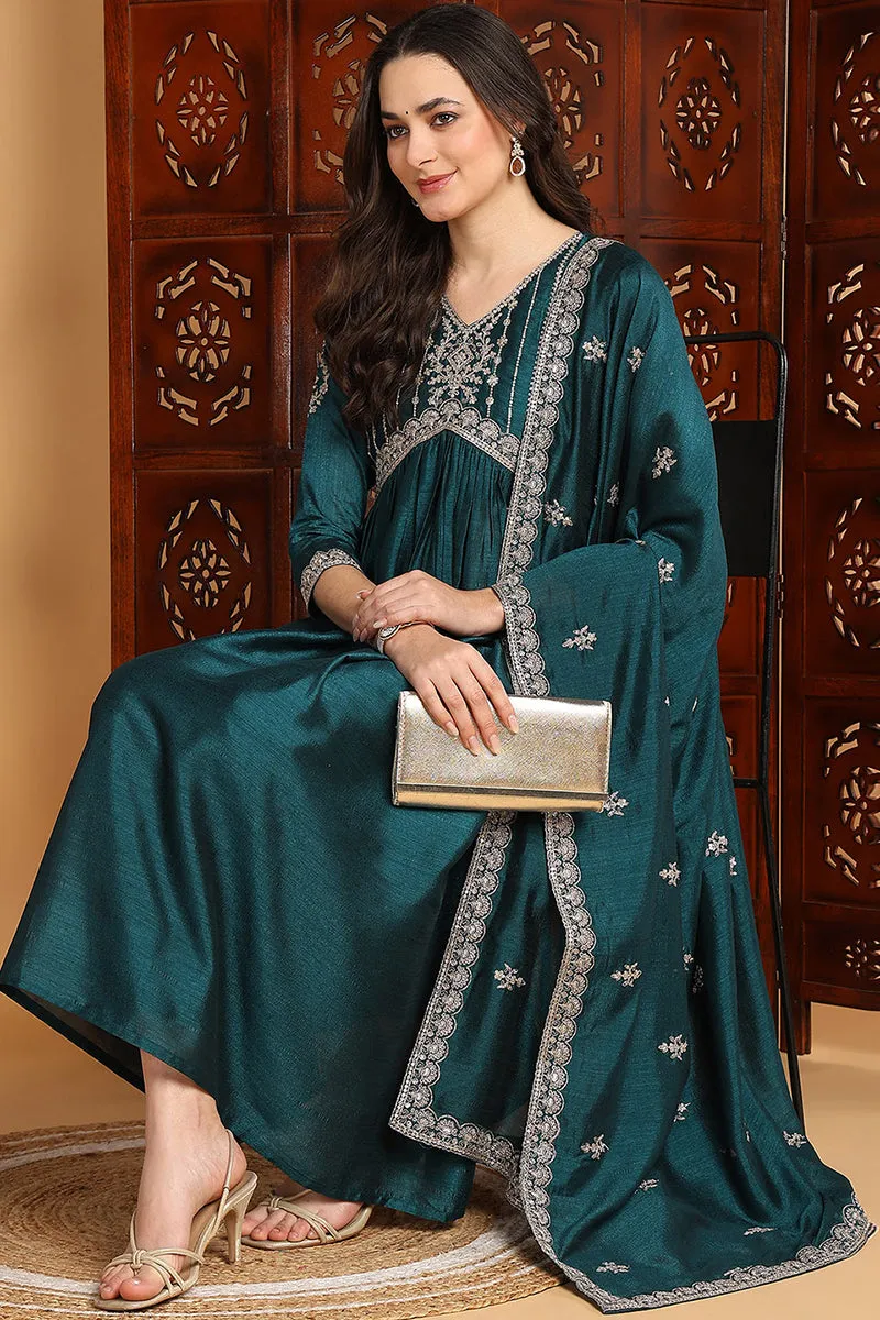 Green Silk Blend Embroidered Flared 3-Piece Kurta Set