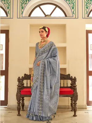 Heartwarming Dusty Grey Silk Printed Traditional Saree