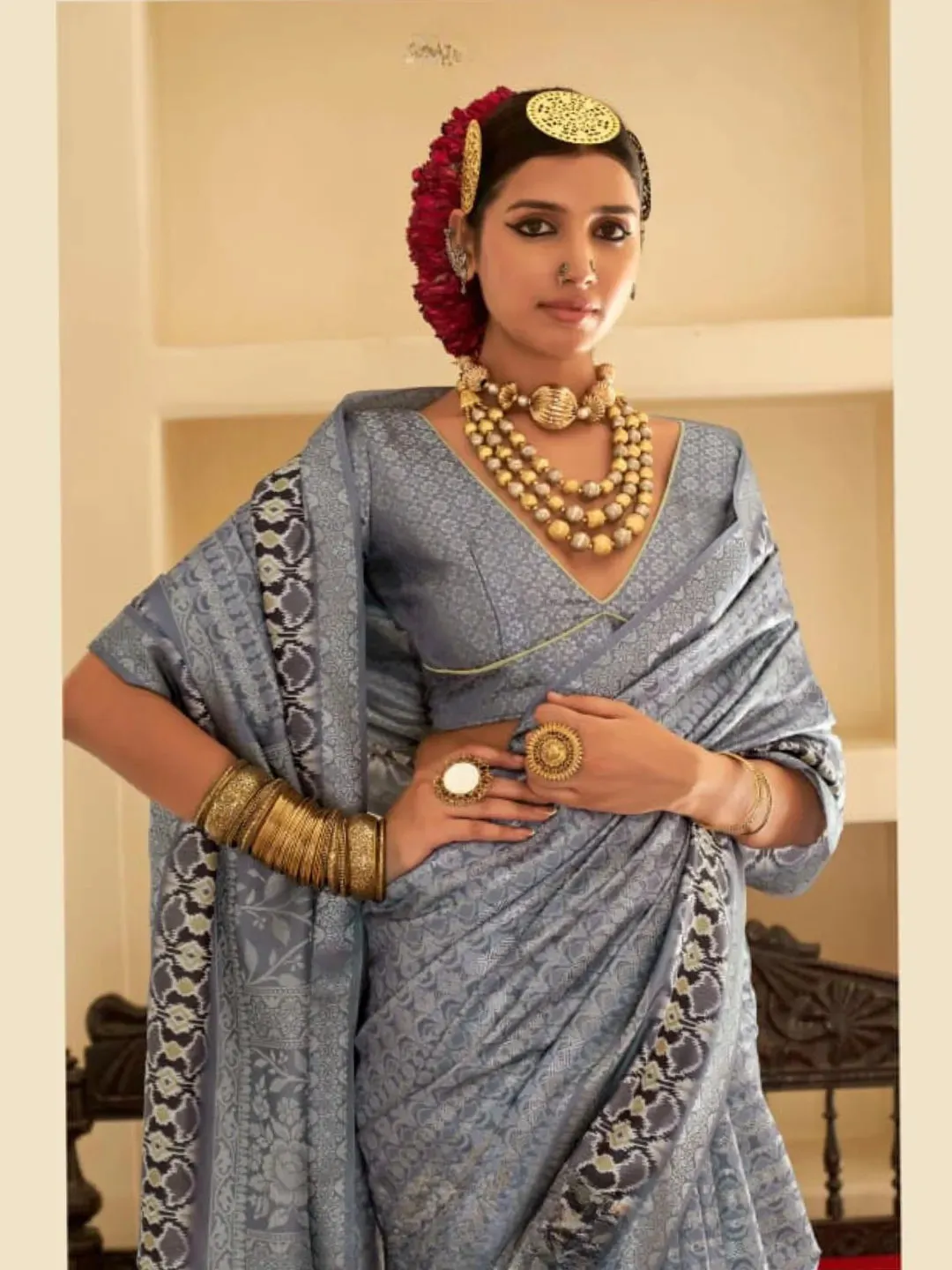 Heartwarming Dusty Grey Silk Printed Traditional Saree