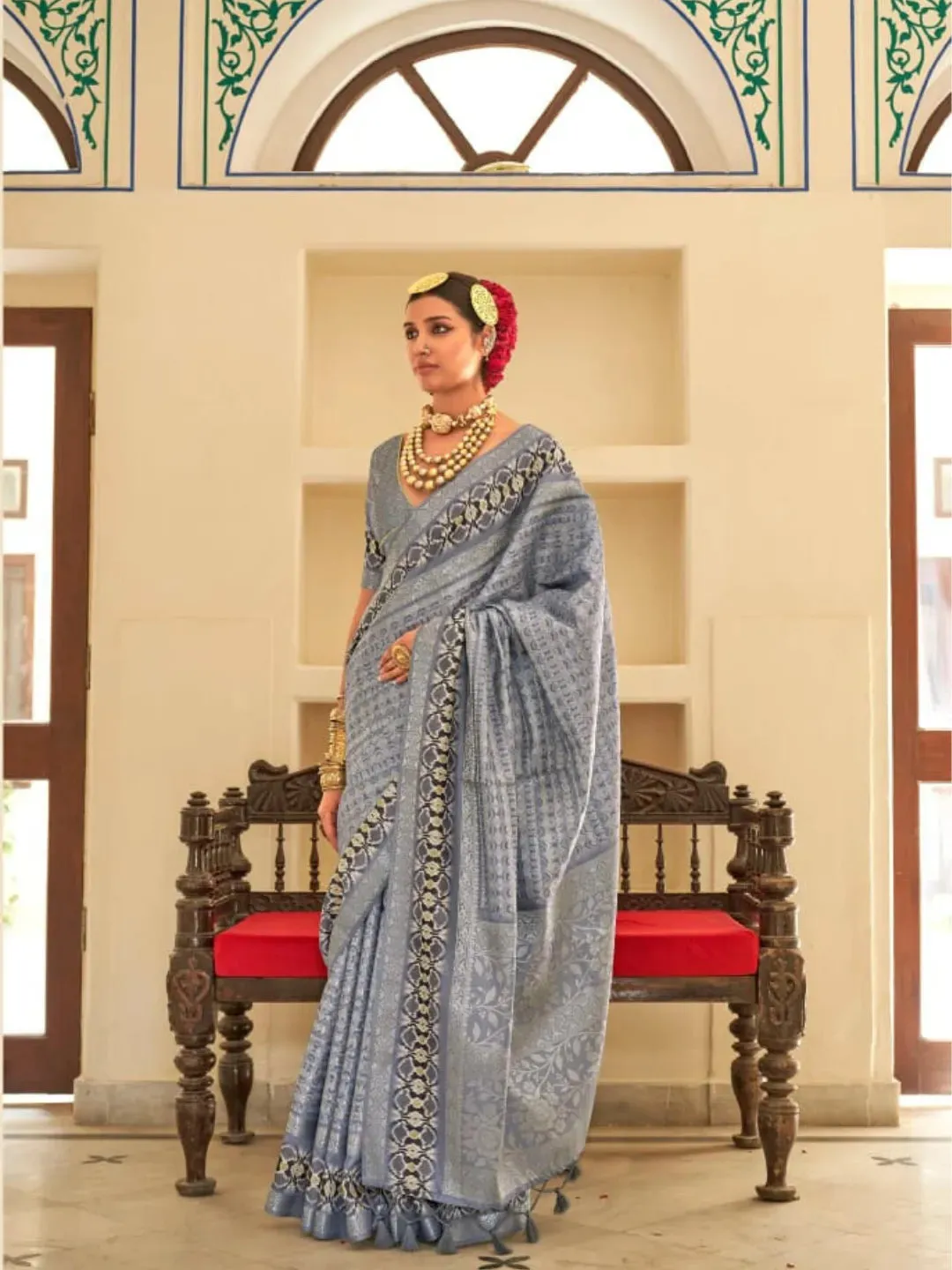 Heartwarming Dusty Grey Silk Printed Traditional Saree