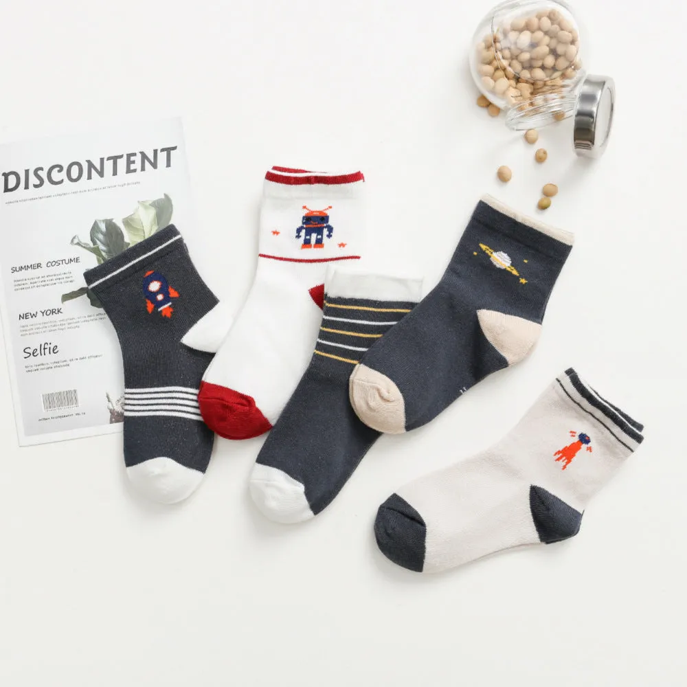 Kids Cotton Socks Children Toddler Dinosaur Spaceship Winter 5 Pack Gift Set