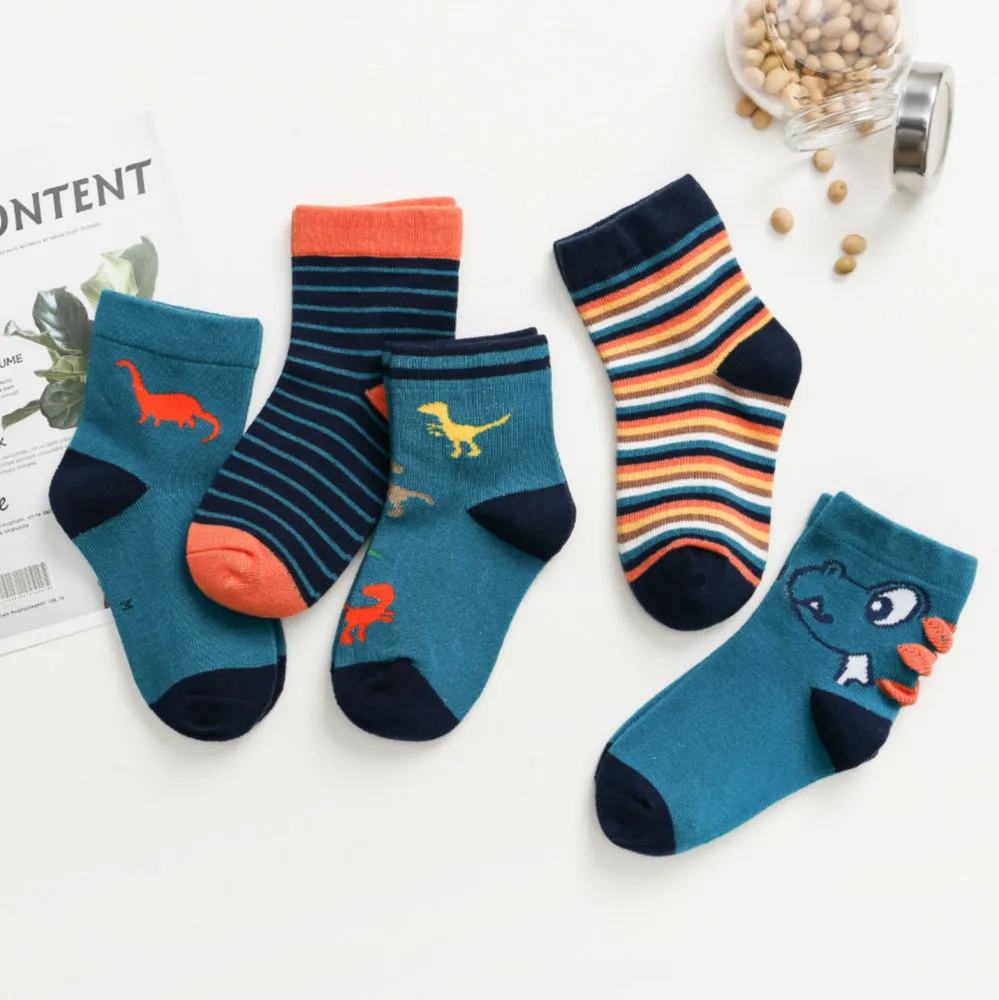 Kids Cotton Socks Children Toddler Dinosaur Spaceship Winter 5 Pack Gift Set