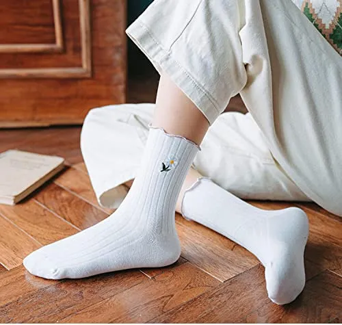 Kimkshine Womens Ruffle Socks High Ankle Casual Knit Dress Sock Fashion Women Princess Socks Cute Embroidery 5 Pairs