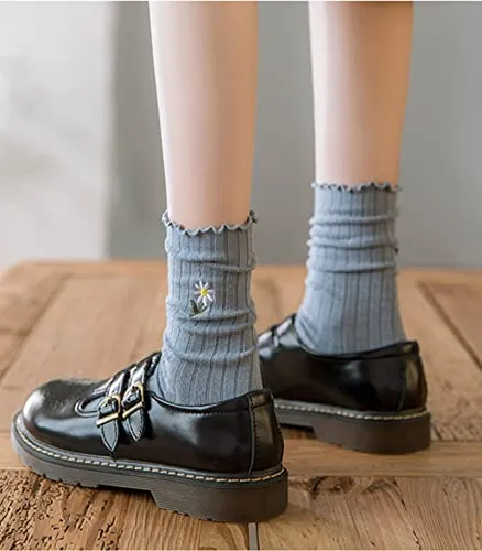 Kimkshine Womens Ruffle Socks High Ankle Casual Knit Dress Sock Fashion Women Princess Socks Cute Embroidery 5 Pairs