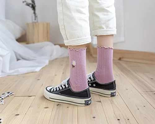 Kimkshine Womens Ruffle Socks High Ankle Casual Knit Dress Sock Fashion Women Princess Socks Cute Embroidery 5 Pairs