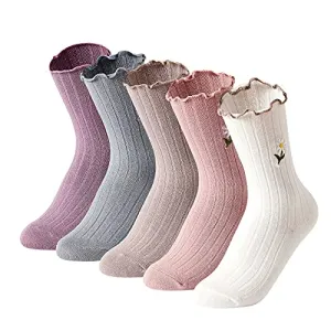 Kimkshine Womens Ruffle Socks High Ankle Casual Knit Dress Sock Fashion Women Princess Socks Cute Embroidery 5 Pairs