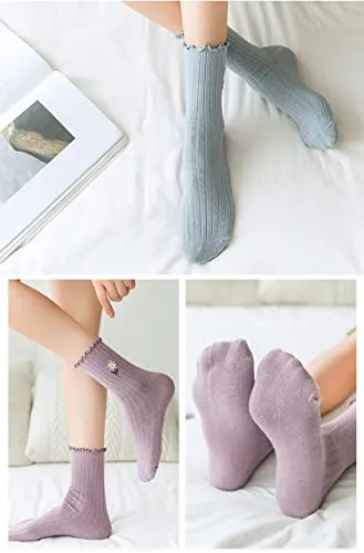 Kimkshine Womens Ruffle Socks High Ankle Casual Knit Dress Sock Fashion Women Princess Socks Cute Embroidery 5 Pairs