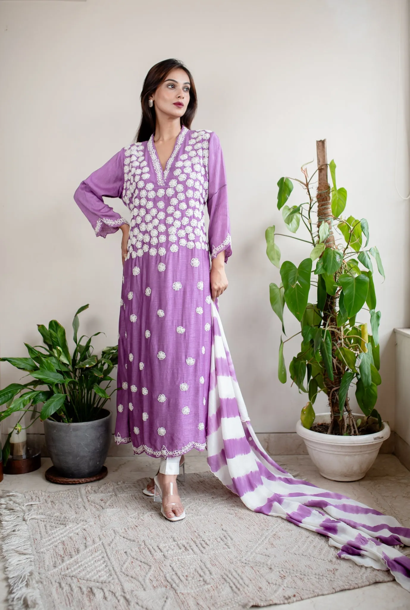 Lilac & Off-White Silk Floral Embroidery 3-Piece Kurta Set