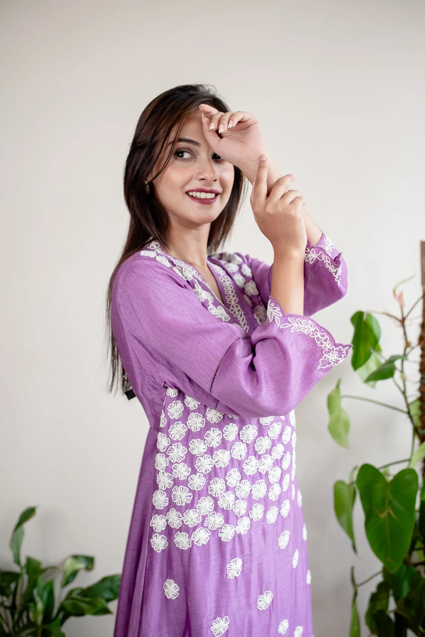 Lilac & Off-White Silk Floral Embroidery 3-Piece Kurta Set