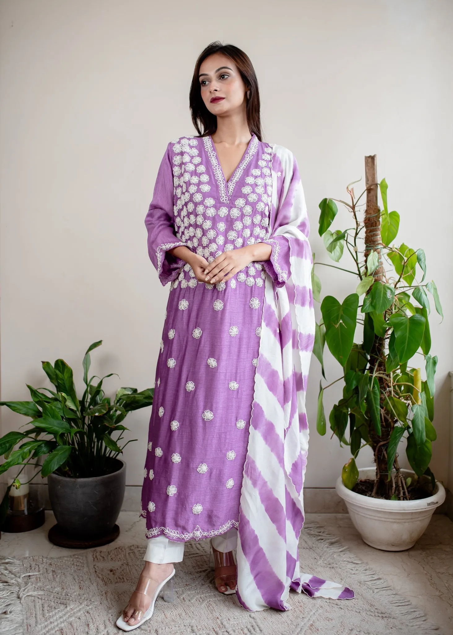 Lilac & Off-White Silk Floral Embroidery 3-Piece Kurta Set