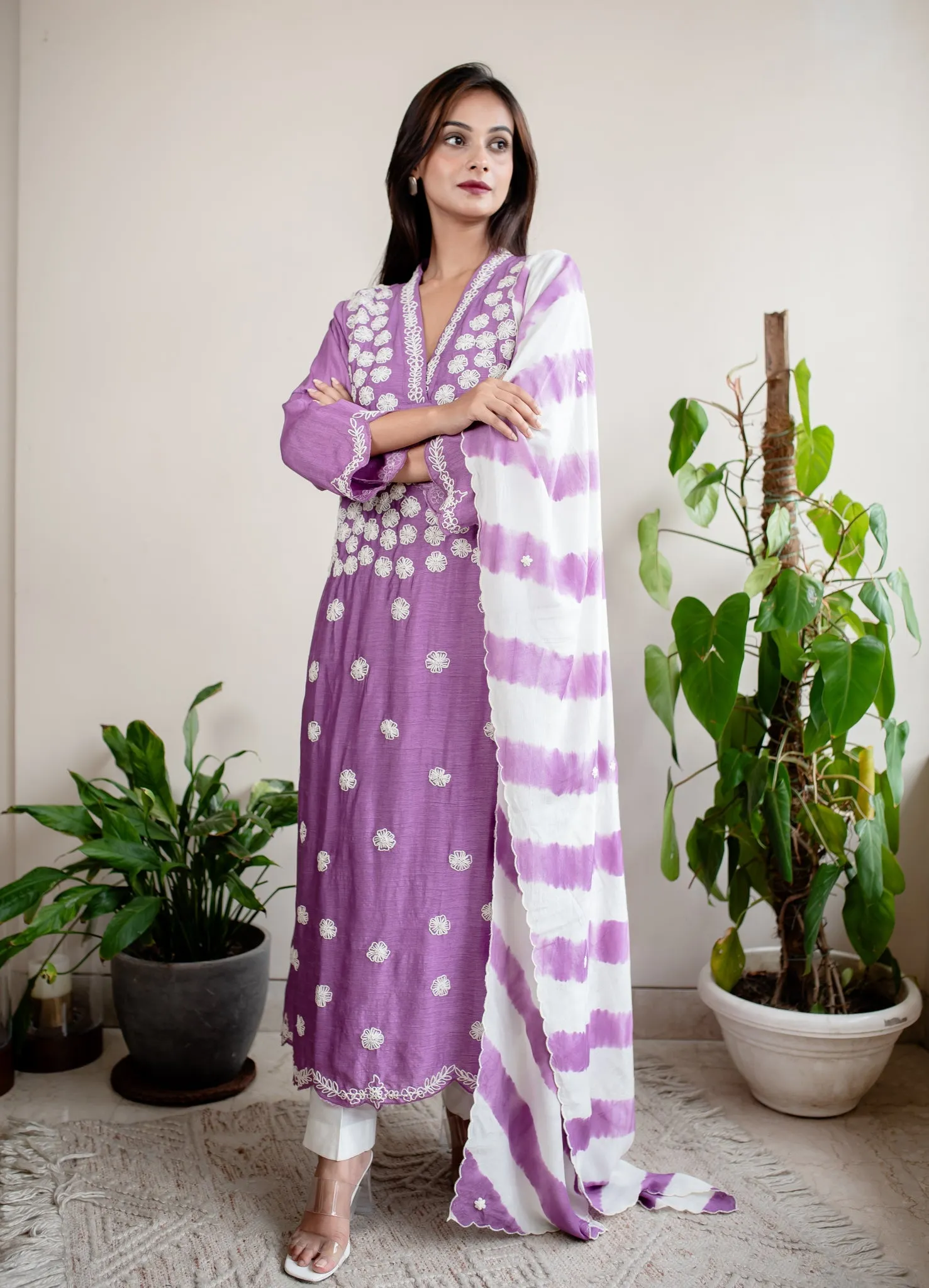 Lilac & Off-White Silk Floral Embroidery 3-Piece Kurta Set