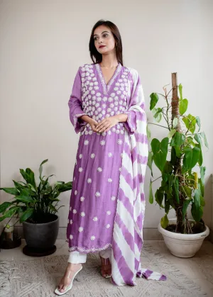 Lilac & Off-White Silk Floral Embroidery 3-Piece Kurta Set