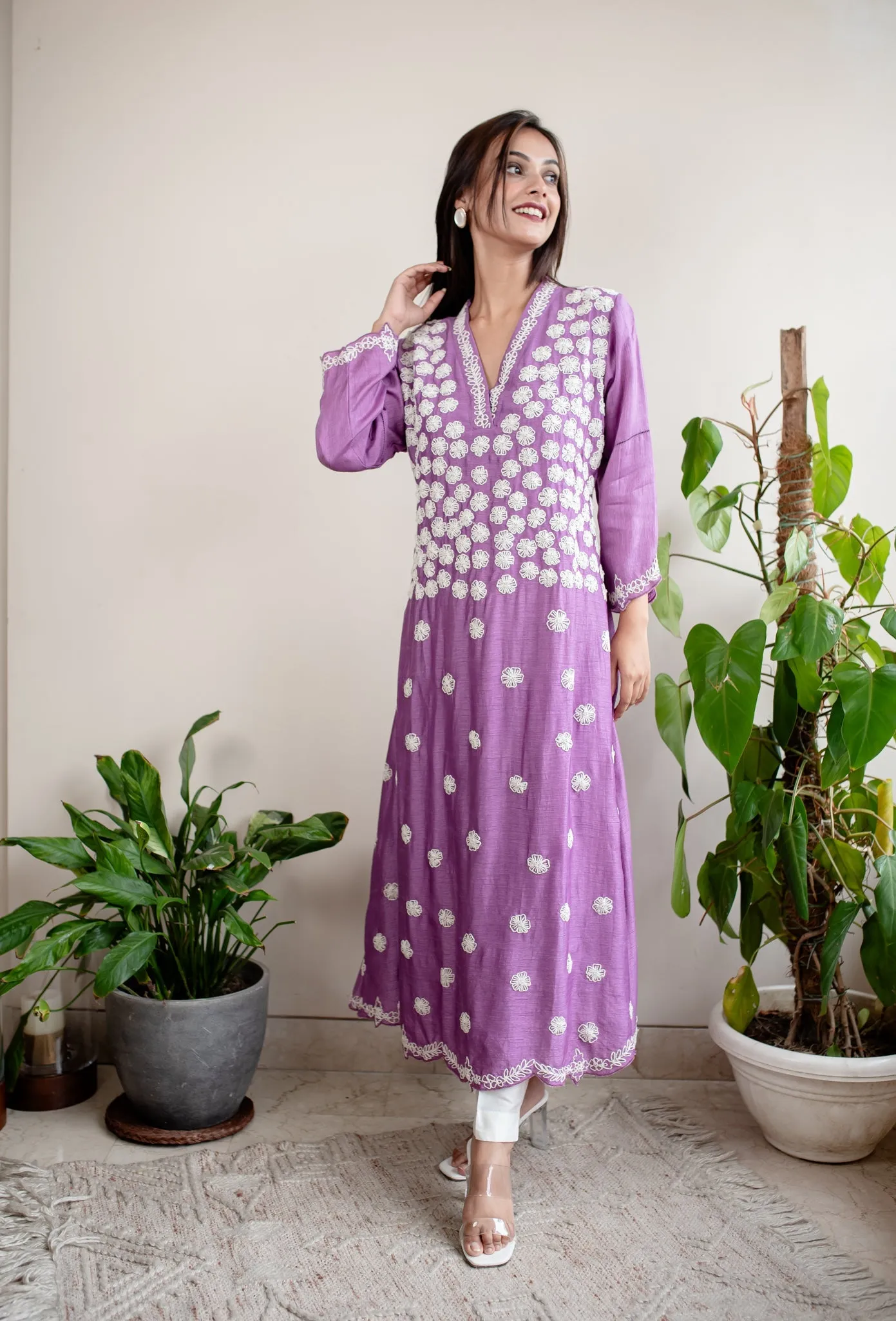 Lilac & Off-White Silk Floral Embroidery 3-Piece Kurta Set