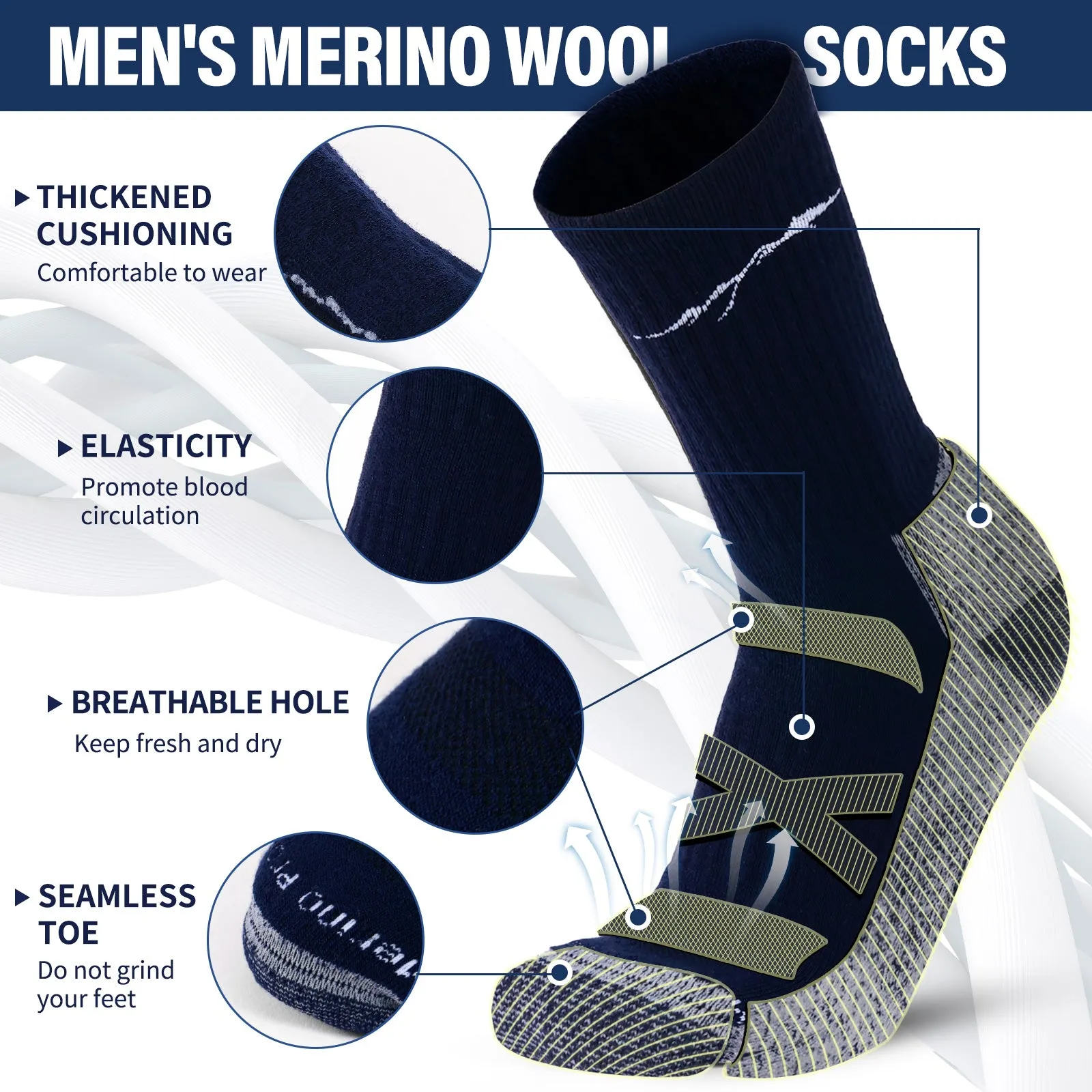Men's Merino Hike Crew Socks Navy - 4 Pairs